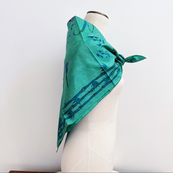 Green Blue Thai Silk Scarf 35” Floral Bird Bamboo - Picture 12 of 12